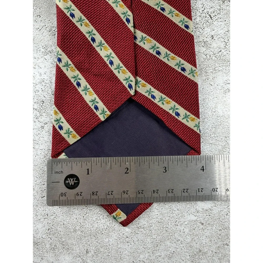 Lands' End Tie Mens OS Red 100% Silk Pointed Striped Woven Embroidered VTG